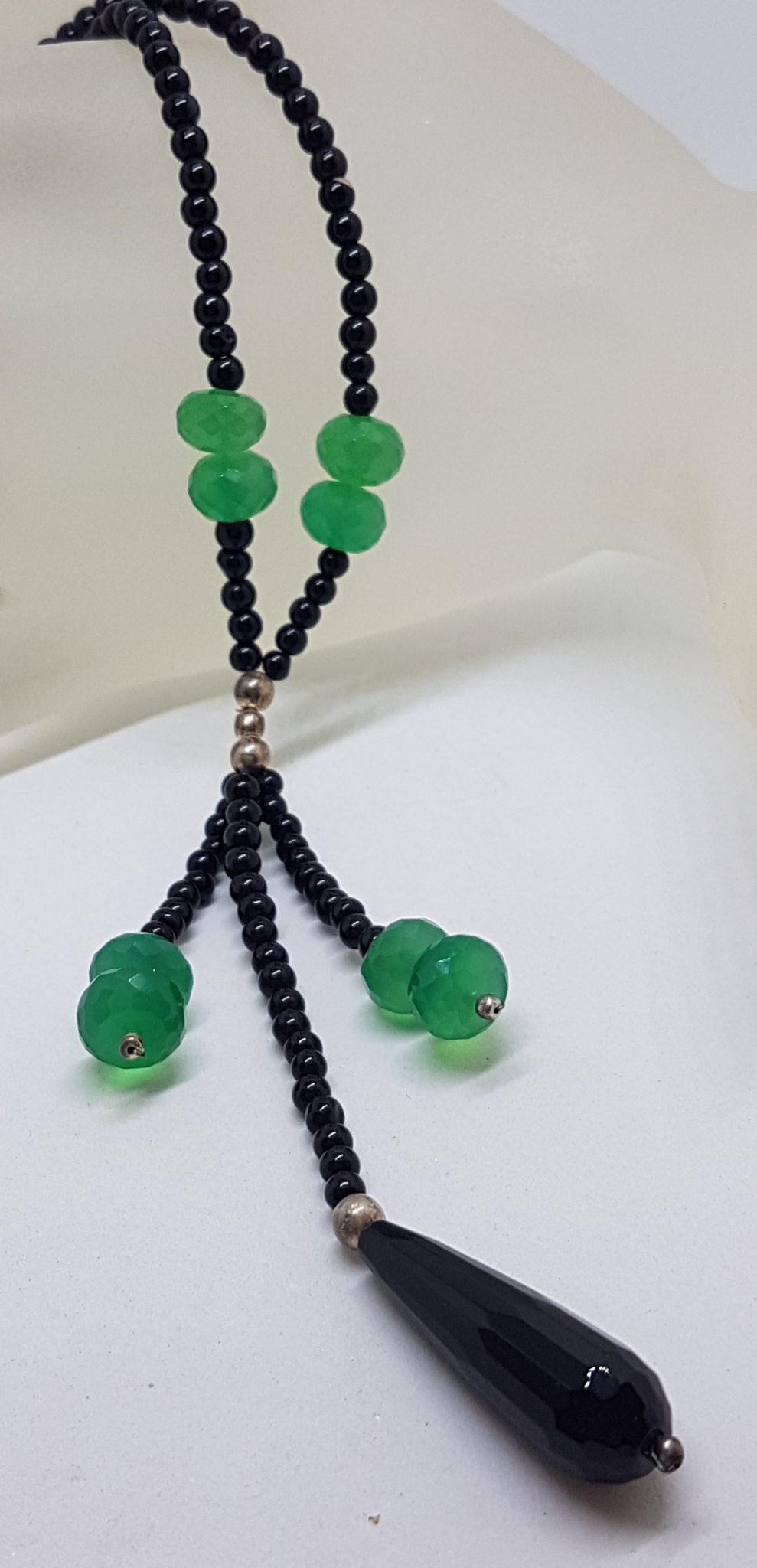 Sterling Silver Green and Black Onyx / Agate Tassel Bead Necklace