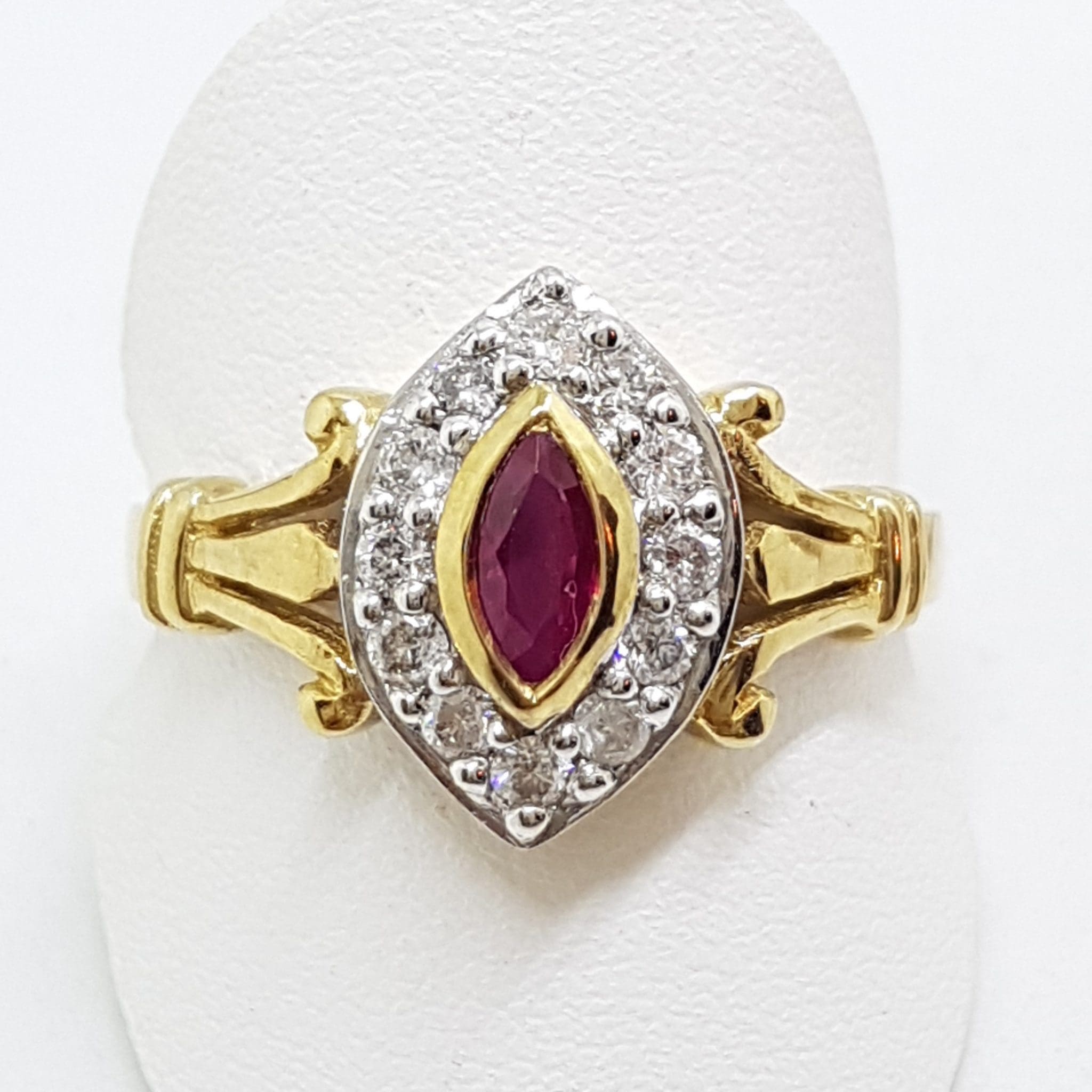 9ct Yellow Gold Natural Ruby & Diamond Ornate Marquis Shape Cluster Ring