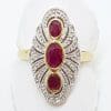 9ct Yellow Gold Natural Ruby & Diamond Ornate Long Shape Art Deco Style Cluster Ring