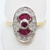 9ct Yellow Gold Natural Ruby and Diamond Ring - Oval - Art Deco Style