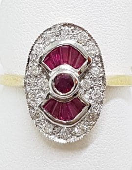 9ct Yellow Gold Natural Ruby and Diamond Ring - Oval - Art Deco Style