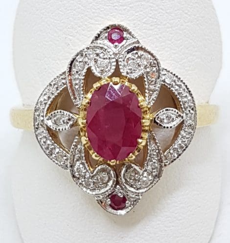 9ct Yellow Gold Natural Ruby and Diamond Ornate Ring