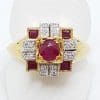 9ct Yellow Gold Natural Ruby and Diamond Ring - Square Cluster