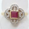 9ct Gold Natural Ruby and Diamond Ornate Ring