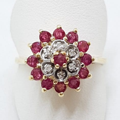 9ct Yellow Gold Natural Ruby & Diamond Round Cluster Ring