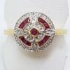 9ct Yellow9ct Yellow Gold Natural Ruby & Diamond Round Cluster Art Deco Style Ring Gold Natural Ruby & Diamond Round Cluster Art Deco Style Ring