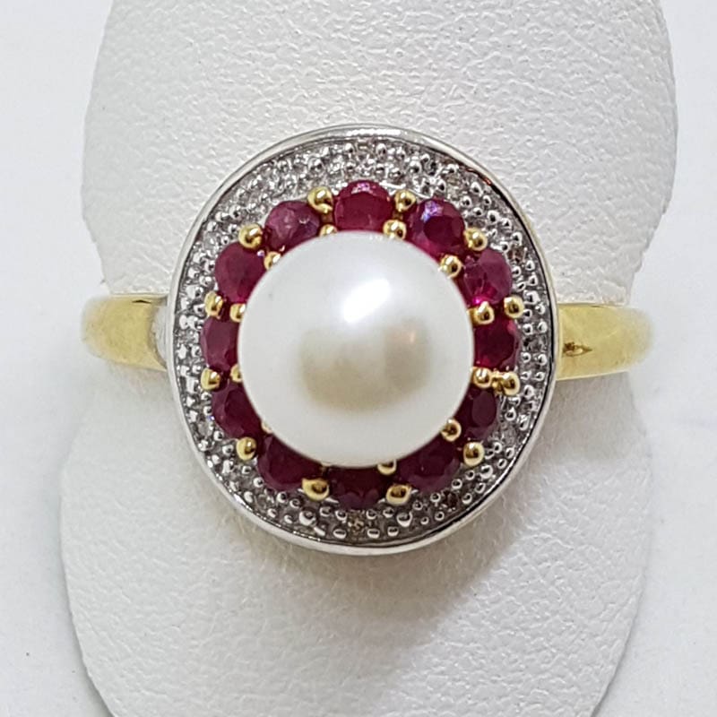 20200707_200841 9ct Yellow Gold Natural Ruby, Pearl & Diamond Round Cluster Ring