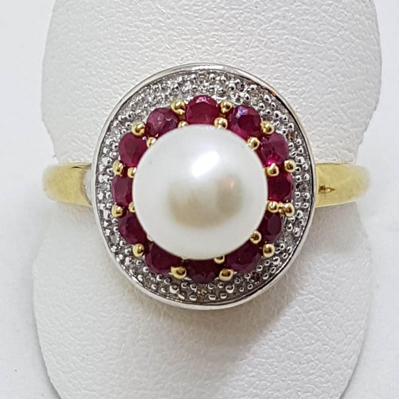 20200707_200904 9ct Yellow Gold Natural Ruby, Pearl & Diamond Round Cluster Ring