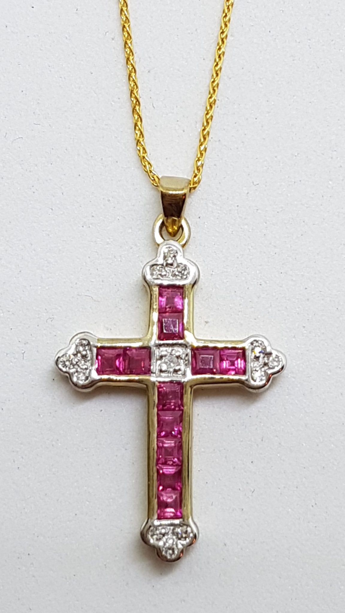 9ct Yellow Gold Natural Ruby and Diamond Cross / Crucifix Pendant on 9ct Chain