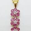 9ct Yellow Gold Natural Ruby & Diamond Long Three Daisy Flower Cluster Pendant on Gold Chain