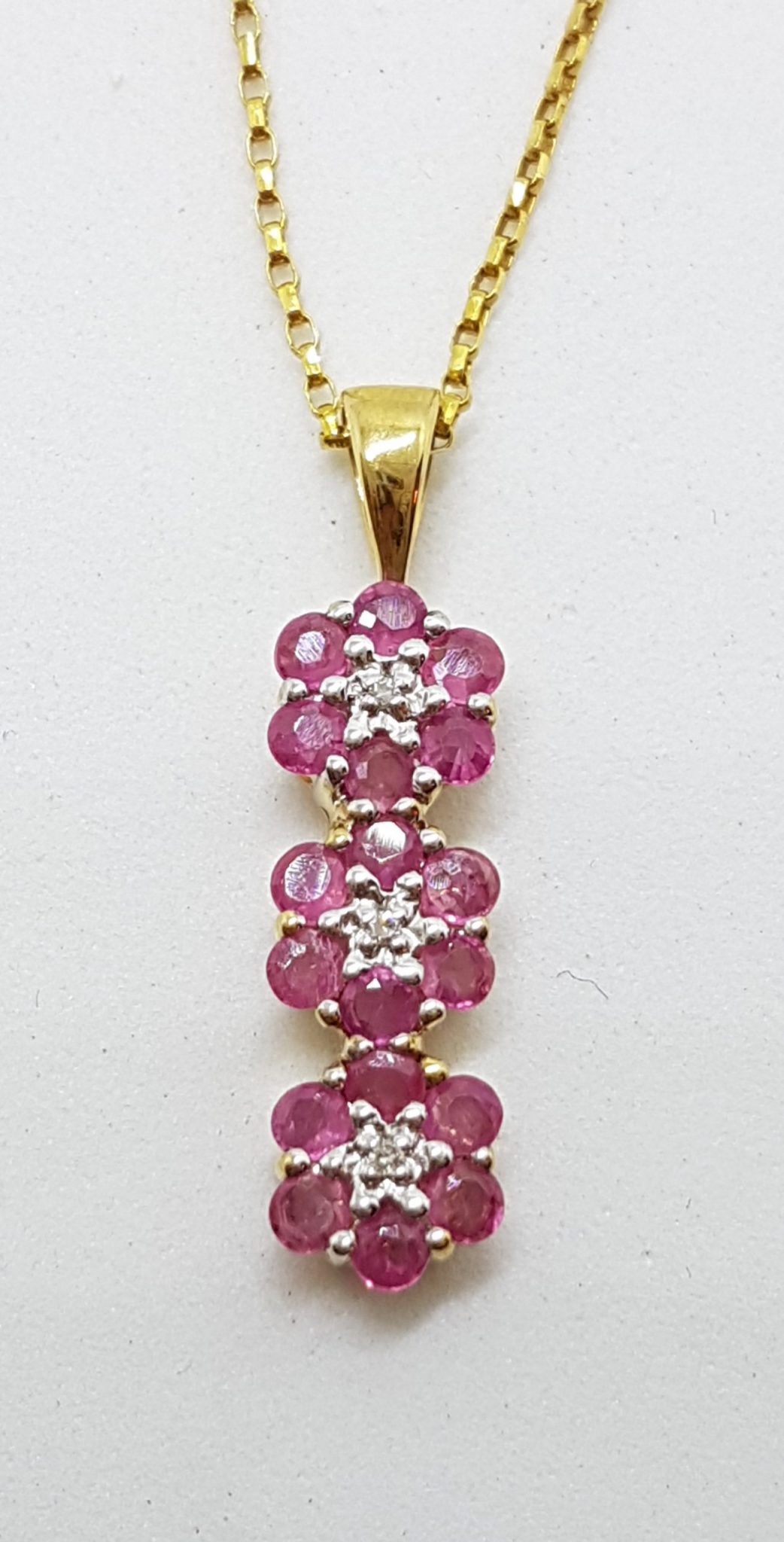 20200707_201407 9ct Yellow Gold Natural Ruby & Diamond Long Three Daisy Flower Cluster Pendant on Gold Chain