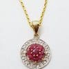 9ct Yellow Gold Natural Ruby and Diamond Floral Pendant on 9ct Chain