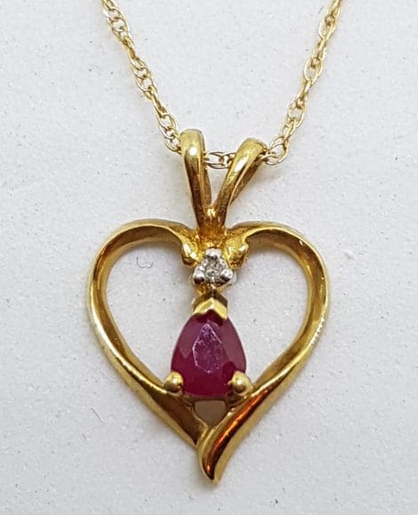 9ct Yellow Gold Natural Ruby & Diamond Heart Pendant on Gold Chain