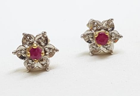 9ct Yellow Gold Natural Ruby & Diamond Flower Daisy Stud Earrings