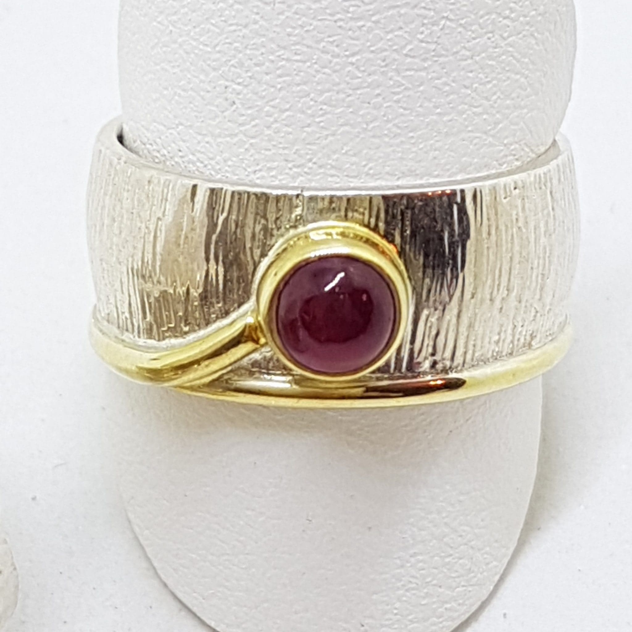 20200707_202007 Sterling Silver Cabochon Ruby Wide Ring - With Gold Plate
