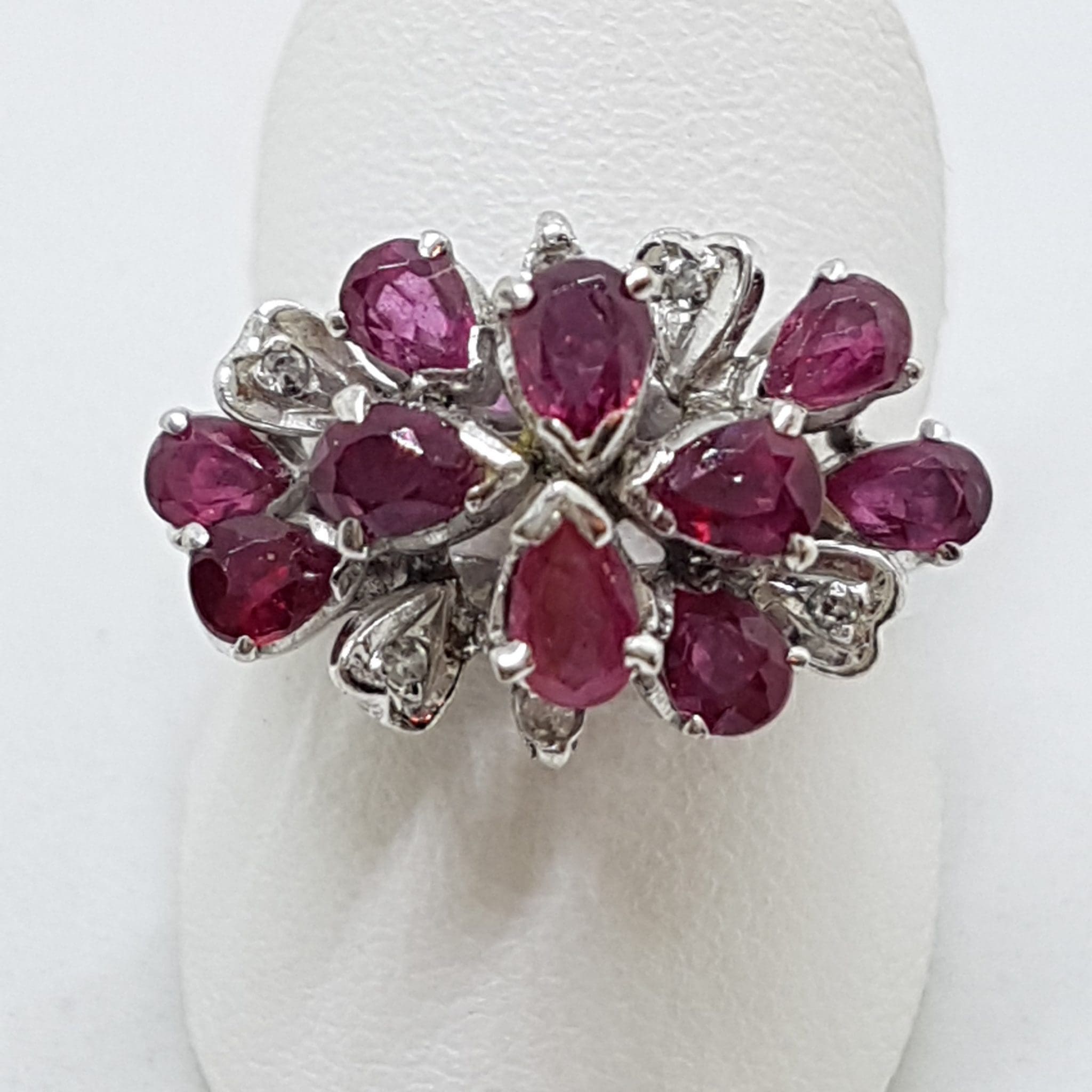 18ct White Gold Ruby and Diamond Large Cluster Ring - Antique / Vintage