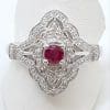 9ct White Gold Natural Ruby & Diamond Large Ornate Cluster Ring