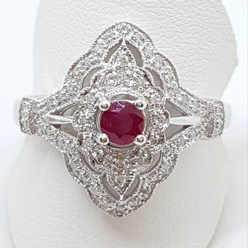 9ct White Gold Natural Ruby & Diamond Large Ornate Cluster Ring