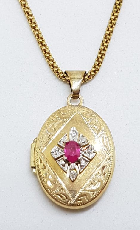 9ct Yellow Gold Oval Ruby and Diamond Ornate Locket Pendant on 9ct Chain