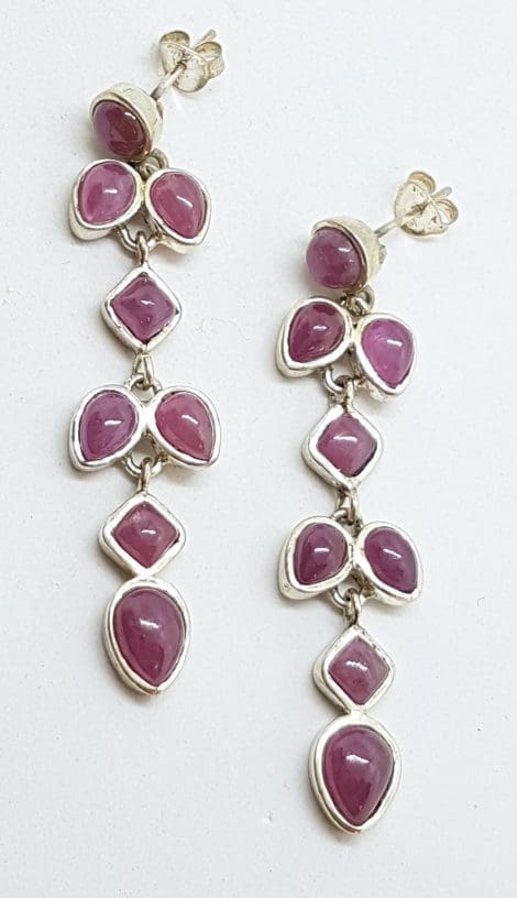 Sterling Silver Ruby Long Drop Leaf Design Earrings