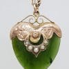 9ct Yellow Gold Antique NZ Jade Ornate Heart Pendant with Seedpearls on Gold Chain
