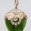 9ct Yellow Gold Antique NZ Jade Ornate Heart Pendant with Seedpearls on Gold Chain