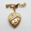9ct Yellow Gold Antique Heart on Twist Bar Brooch with Lily of the Valley Motif