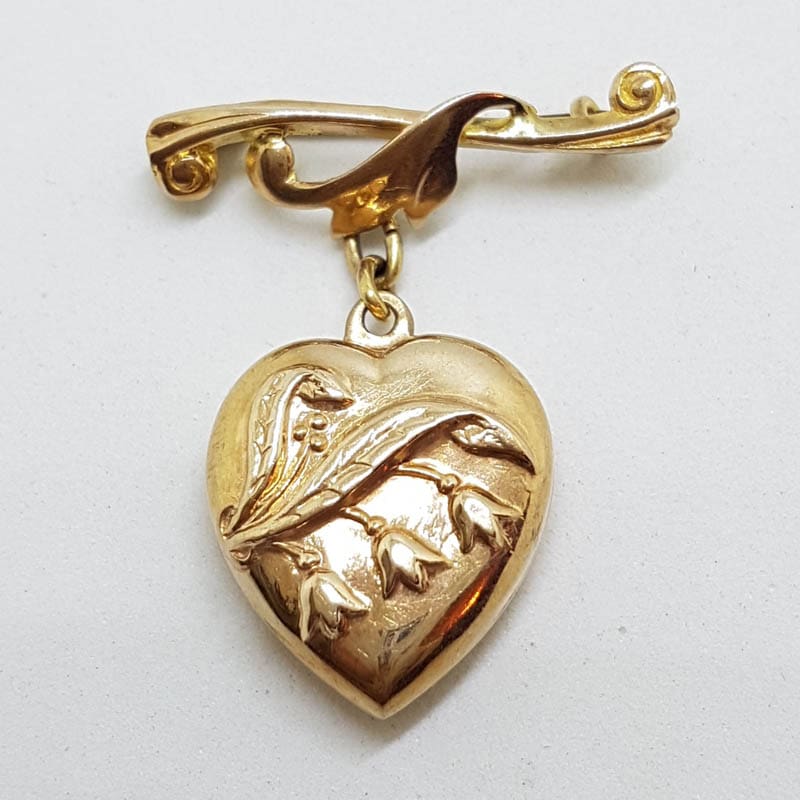 20200707_202637 9ct Yellow Gold Antique Heart on Twist Bar Brooch with Lily of the Valley Motif