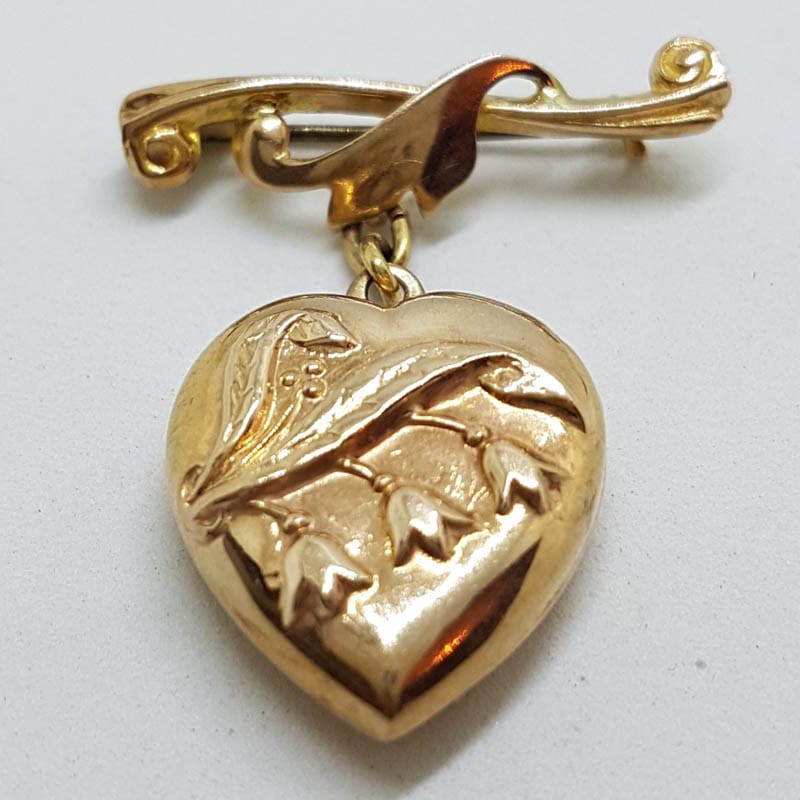 20200707_202652 9ct Yellow Gold Antique Heart on Twist Bar Brooch with Lily of the Valley Motif