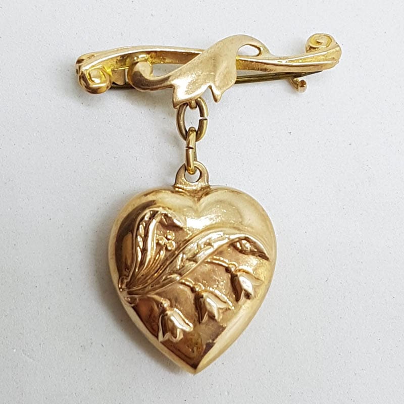 20200707_202752 9ct Yellow Gold Antique Heart on Twist Bar Brooch with Lily of the Valley Motif