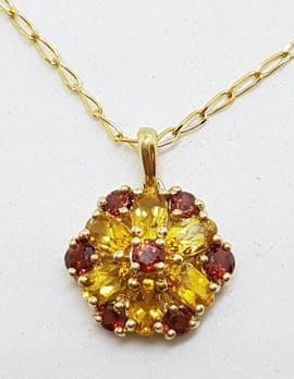 9ct Yellow Gold Garnet & Citrine Flower Cluster Pendant on Gold Chain