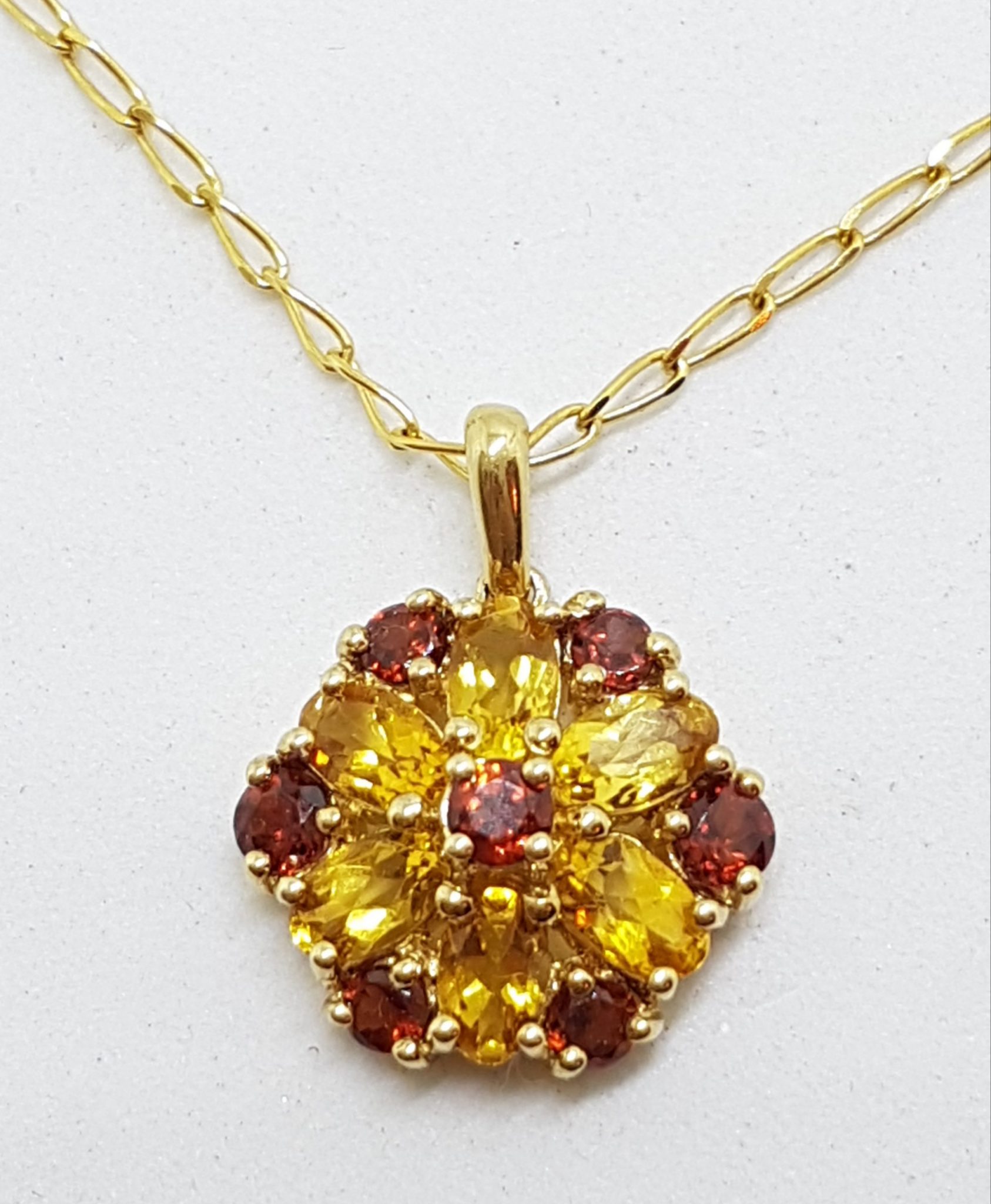 9ct Yellow Gold Garnet & Citrine Flower Cluster Pendant on Gold Chain