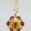 9ct Yellow Gold Garnet & Citrine Flower Cluster Pendant on Gold Chain