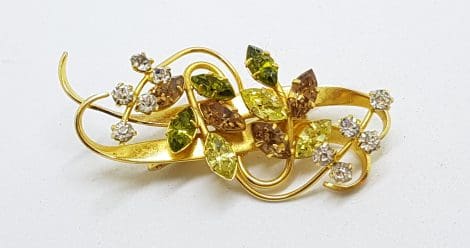 Gold Plated Jewelcrest Leaf Design Rhinestone Brooch - Brown. Clear, Green and Yellow