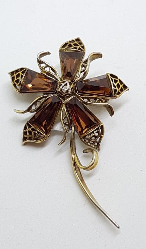 Gold Plated Large Flower Brooch - Brown.