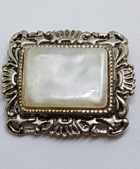 Silver Plated Large Rectangular Ornate White Brooch