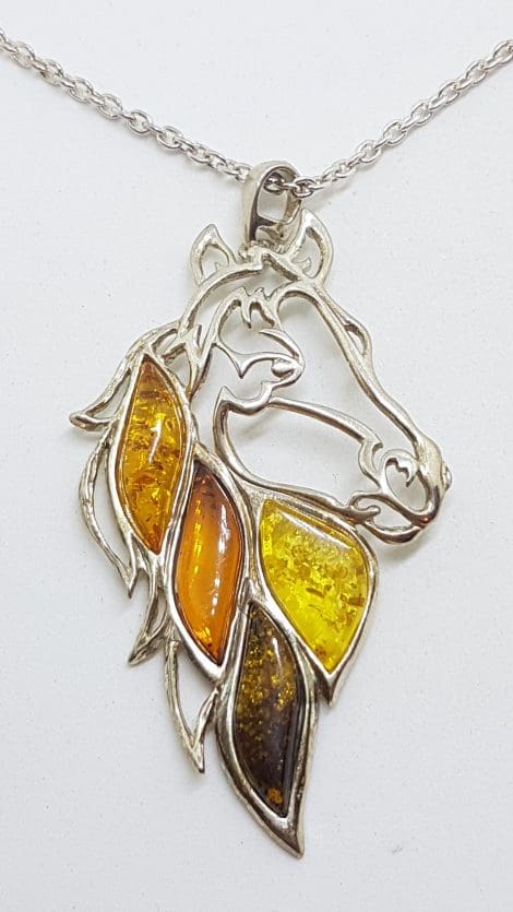 Sterling Silver Large Multicolour Amber Horse Pendant on Chain