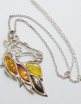 Sterling Silver Large Multicolour Amber Horse Pendant on Chain