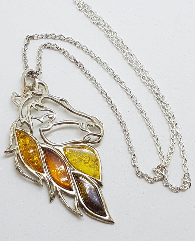 Sterling Silver Large Multicolour Amber Horse Pendant on Chain