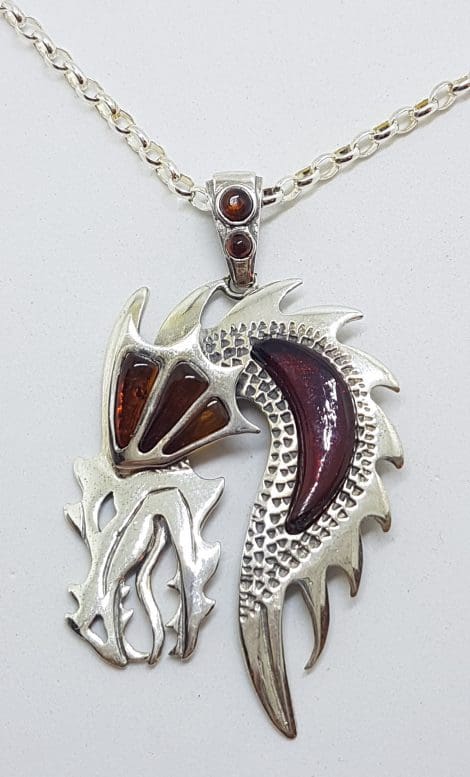 Sterling Silver and Amber Large Dragon Pendant on Chain