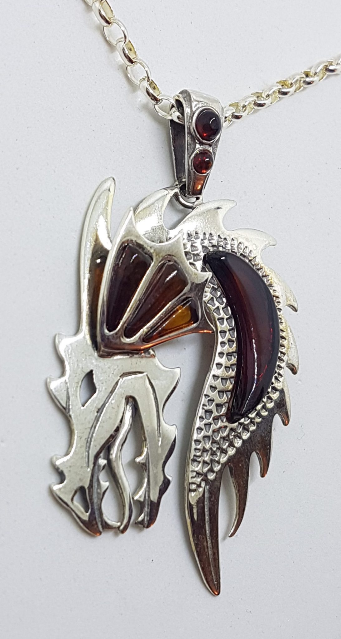 20200707_210240 Sterling Silver and Amber Large Dragon Pendant on Chain
