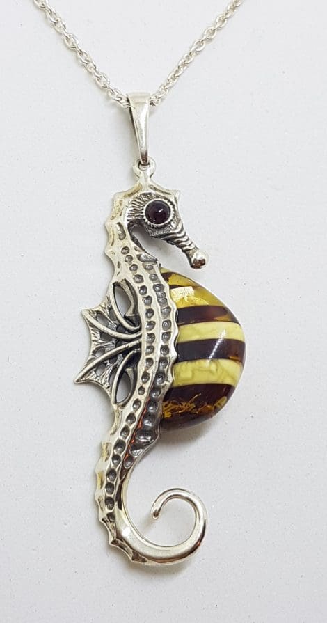Sterling Silver and Amber Large Seahorse Pendant on Chain