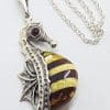 Sterling Silver and Amber Large Seahorse Pendant on Chain