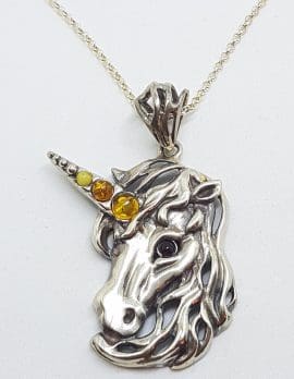 Sterling Silver Multi-Colour Amber Unicorn Large Pendant on Silver Chain