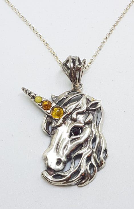 Sterling Silver Multi-Colour Amber Unicorn Large Pendant on Silver Chain