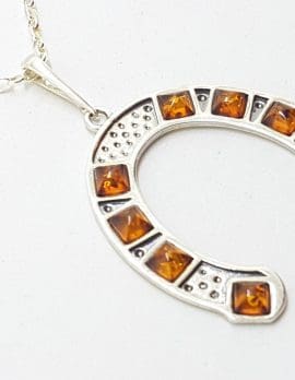 Sterling Silver and Amber Large Horseshoe Pendant on Chain