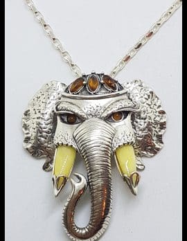 Sterling Silver Very Large Baltic Amber Elephant Pendant on Silver Chain