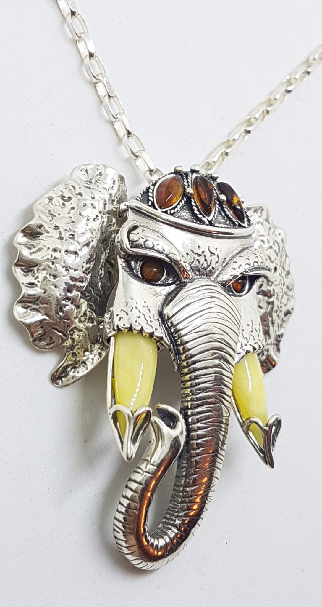 Sterling Silver Very Large Baltic Amber Elephant Pendant on Silver Chain