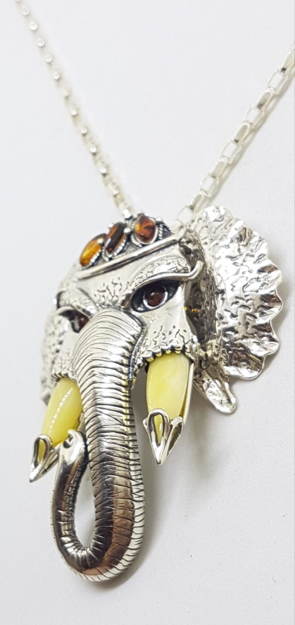 Sterling Silver Very Large Baltic Amber Elephant Pendant on Silver Chain