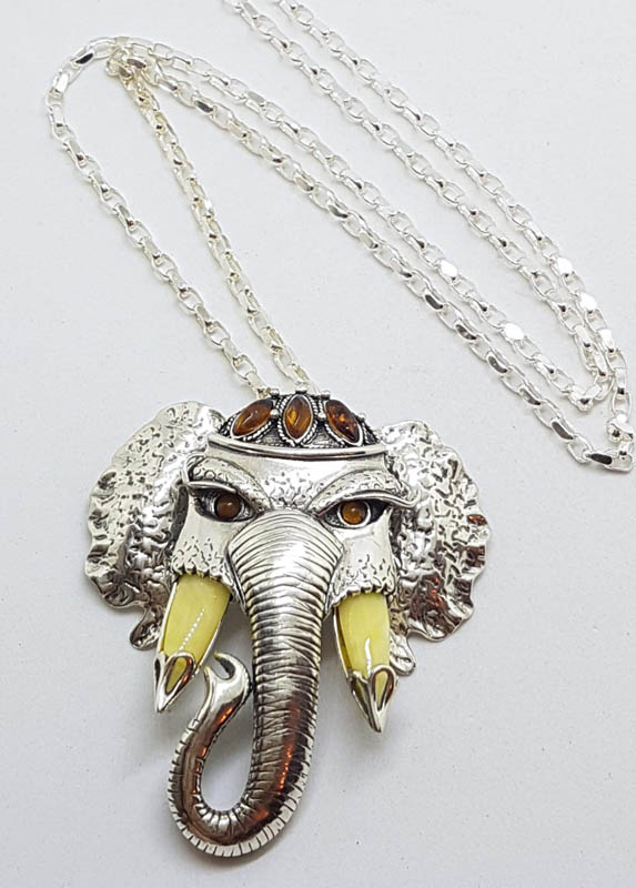Sterling Silver Very Large Baltic Amber Elephant Pendant on Silver Chain